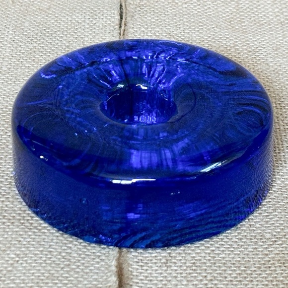 Cobalt Blue Round Art Glass Puck Candle Holder Paperweight Textured Base Vibrant - Picture 1 of 4